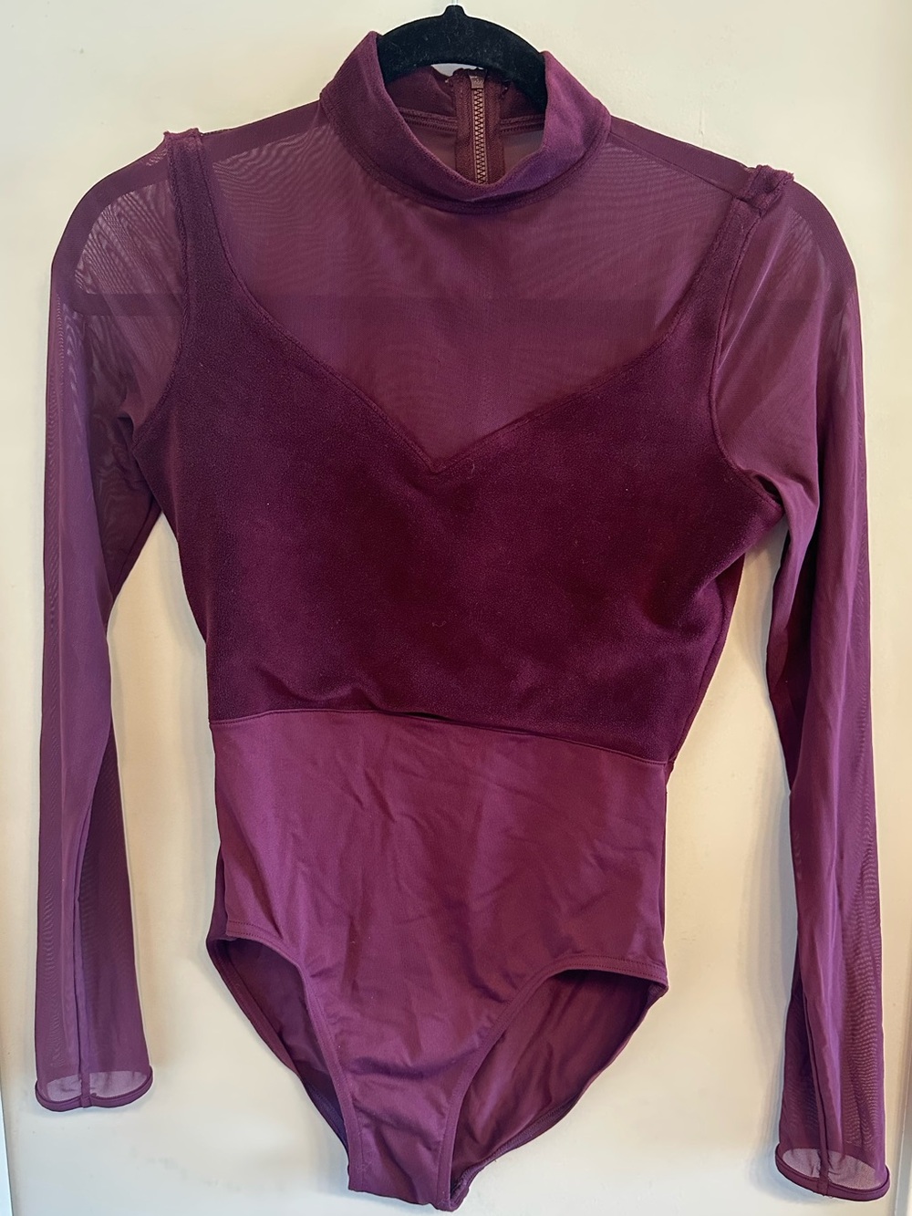Mirella Plum Sheer Mock Neck Long Sleeve leotard